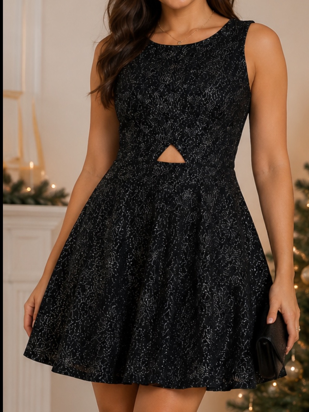 Blue Metallic Floral Fit Flare Dress XL Party Cocktail Skater Dress